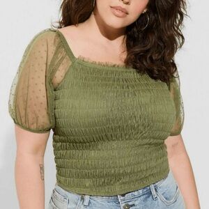Torrid Olive Green Smocked Blouse with Sheer Puff Sleeves - Size 3